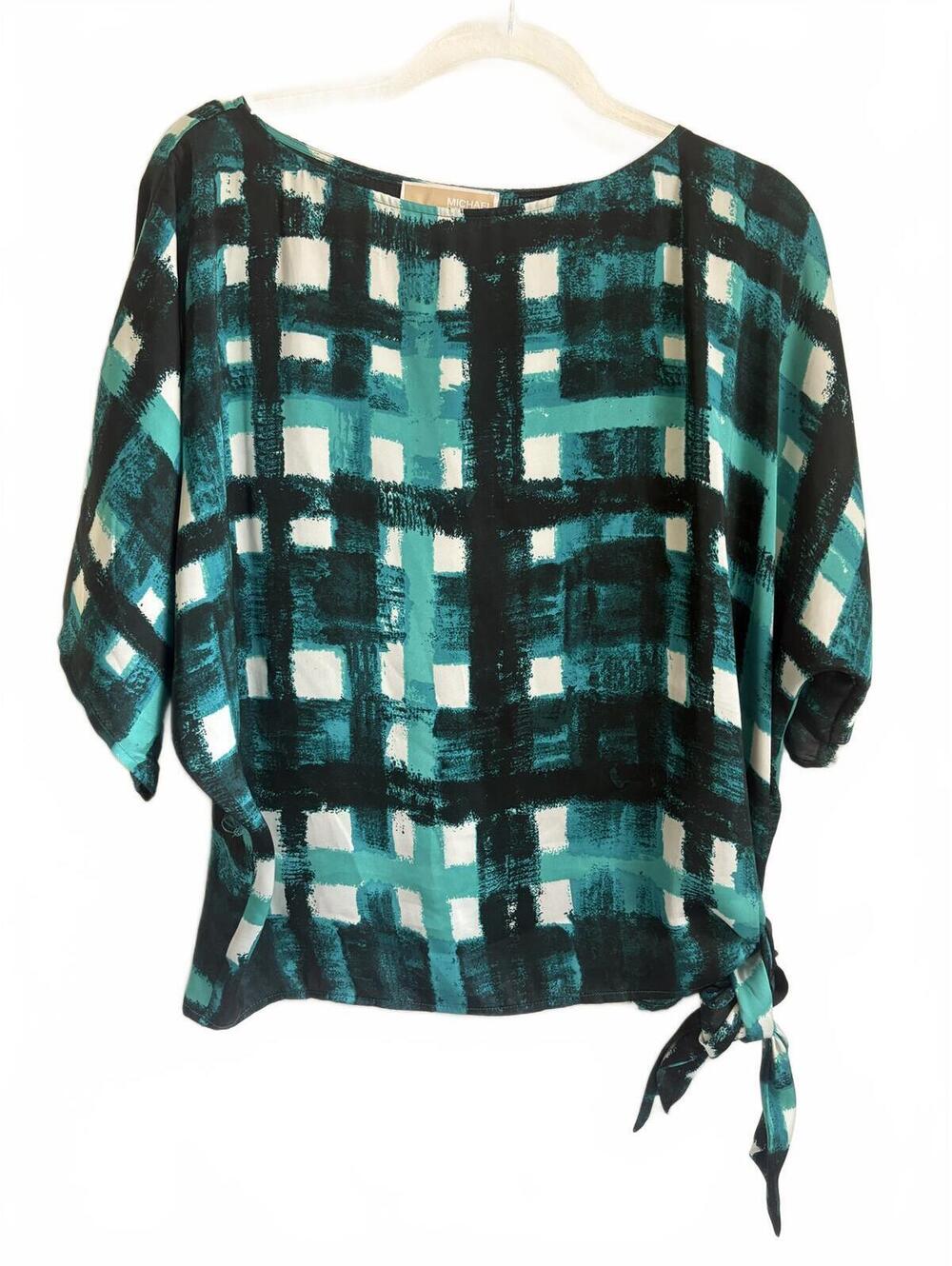 Michael Kors | Teal Green Black White Short Sleeve Boxy Side Tie‎ Blouse Size M